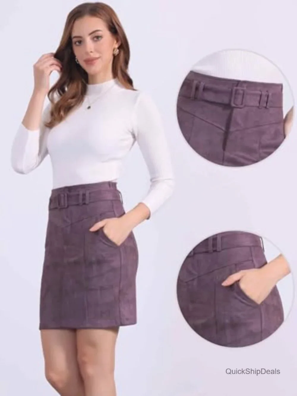 Women's Faux Suede High Waist Belted Mini Skirt with Pockets